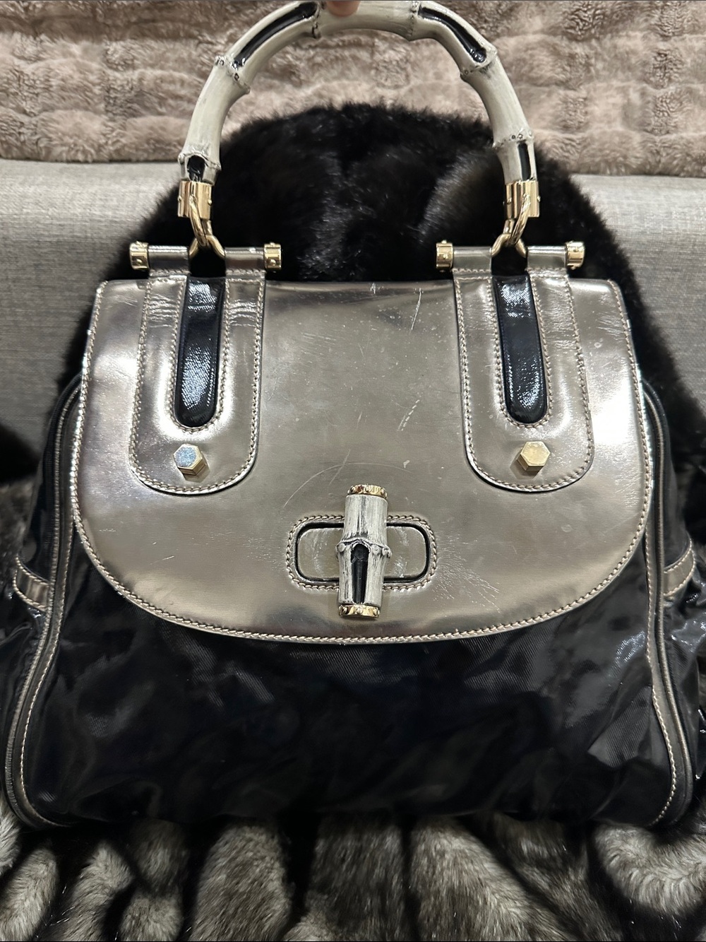 GUCCI metallic Silver and Black Top-Handle GUCCI bamboo LARGE purse